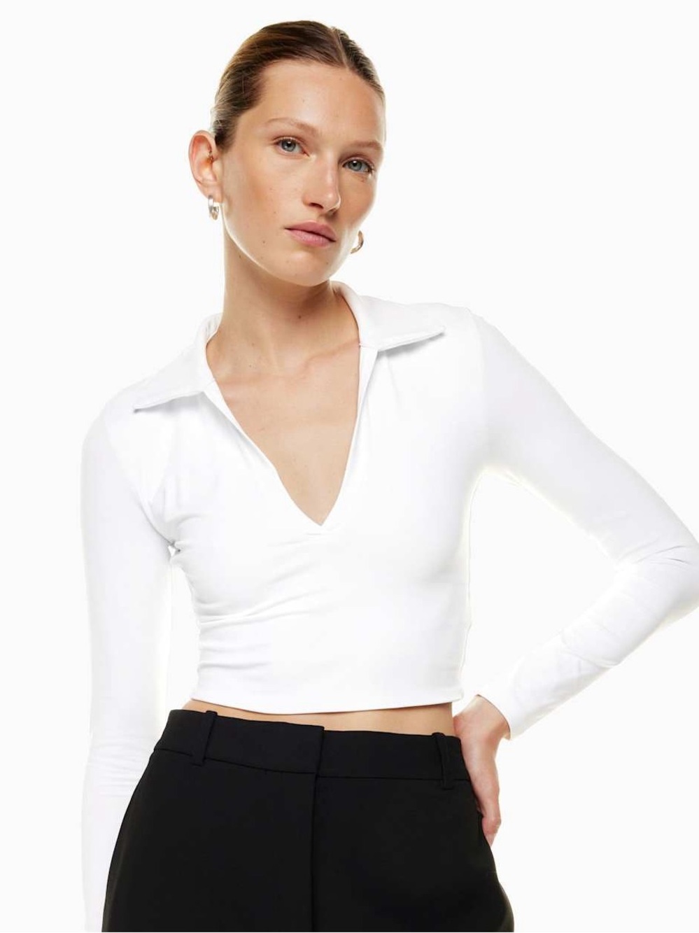 Aritzia White Long-Sleeve V-Neck Cropped Top Medium